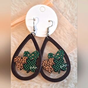 St Patricks Day Earrings Wood Teardrop Leopard Print Plaid Lucky Earring
